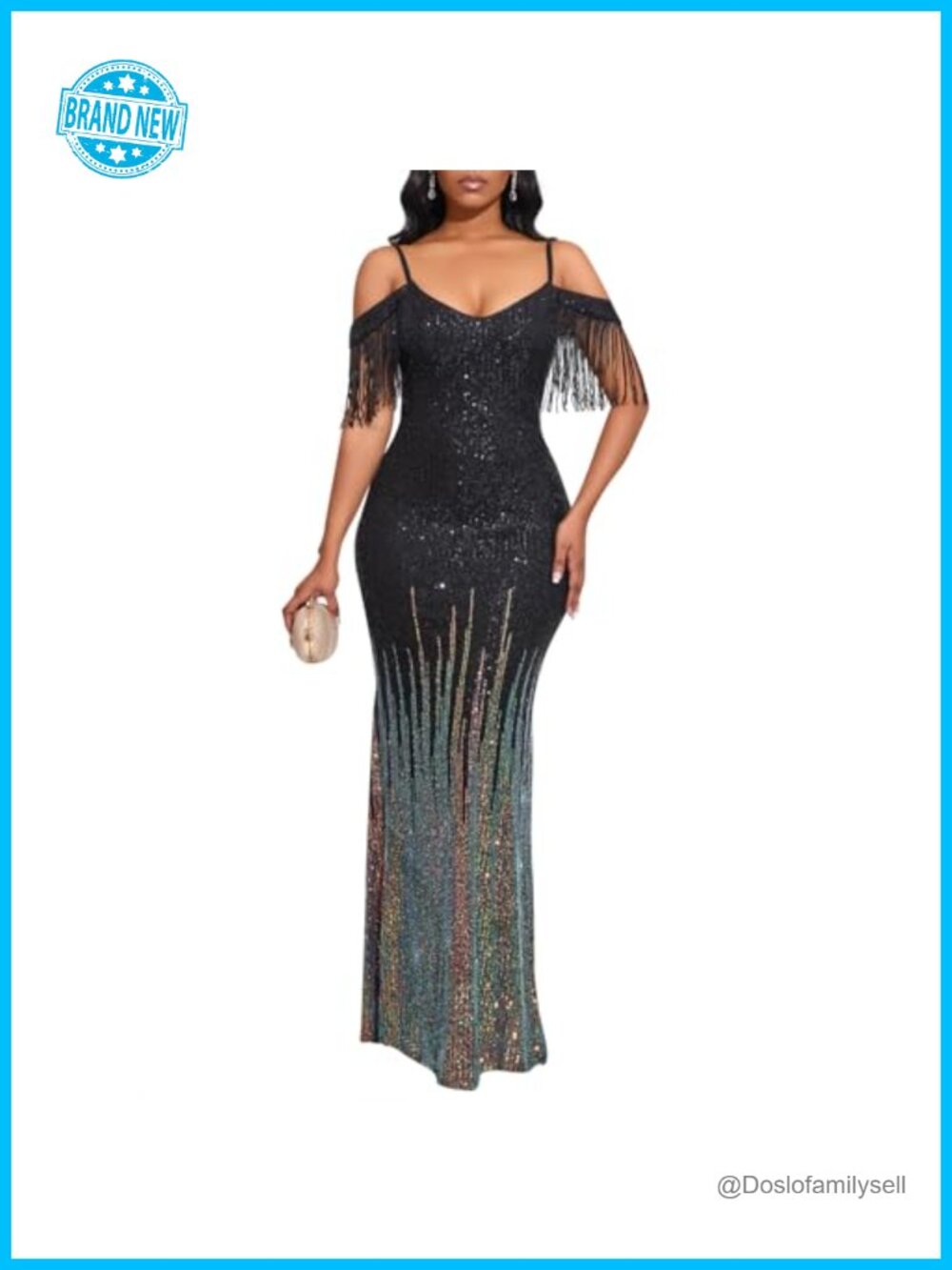 Women Sexy Sequin Tassel Off Shoulder Halter Bodycon Formal Evening Gown Maxi